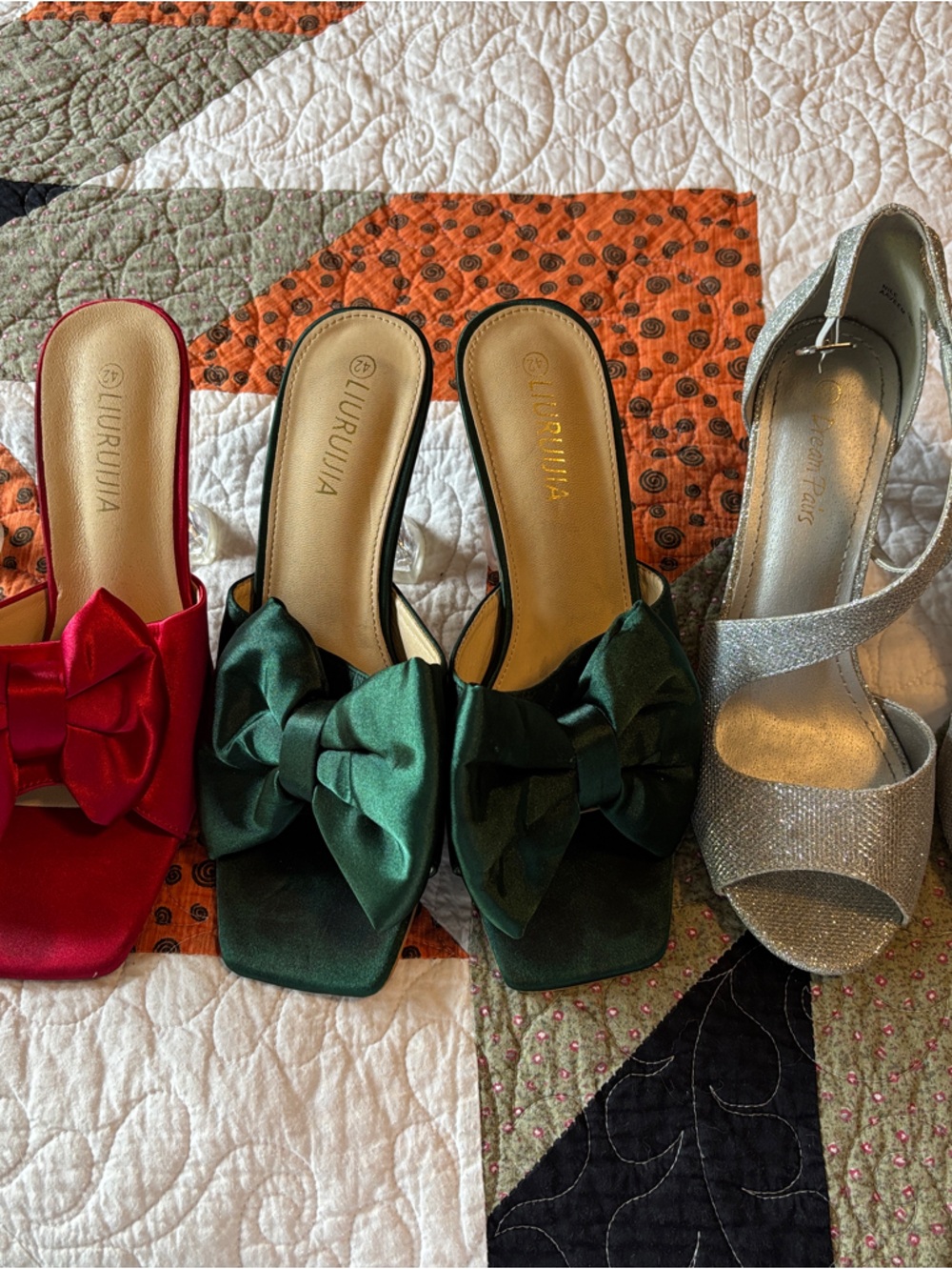 Satin Bow Slide Heels in Green